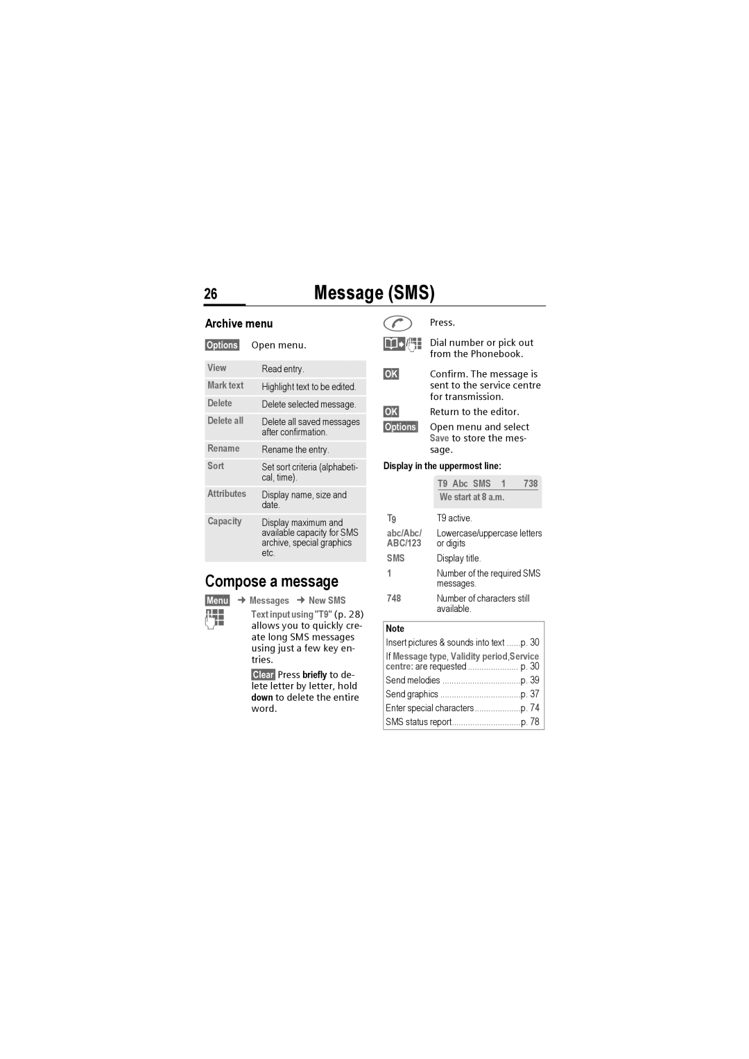 Siemens M50 manual Compose a message, Archive menu 