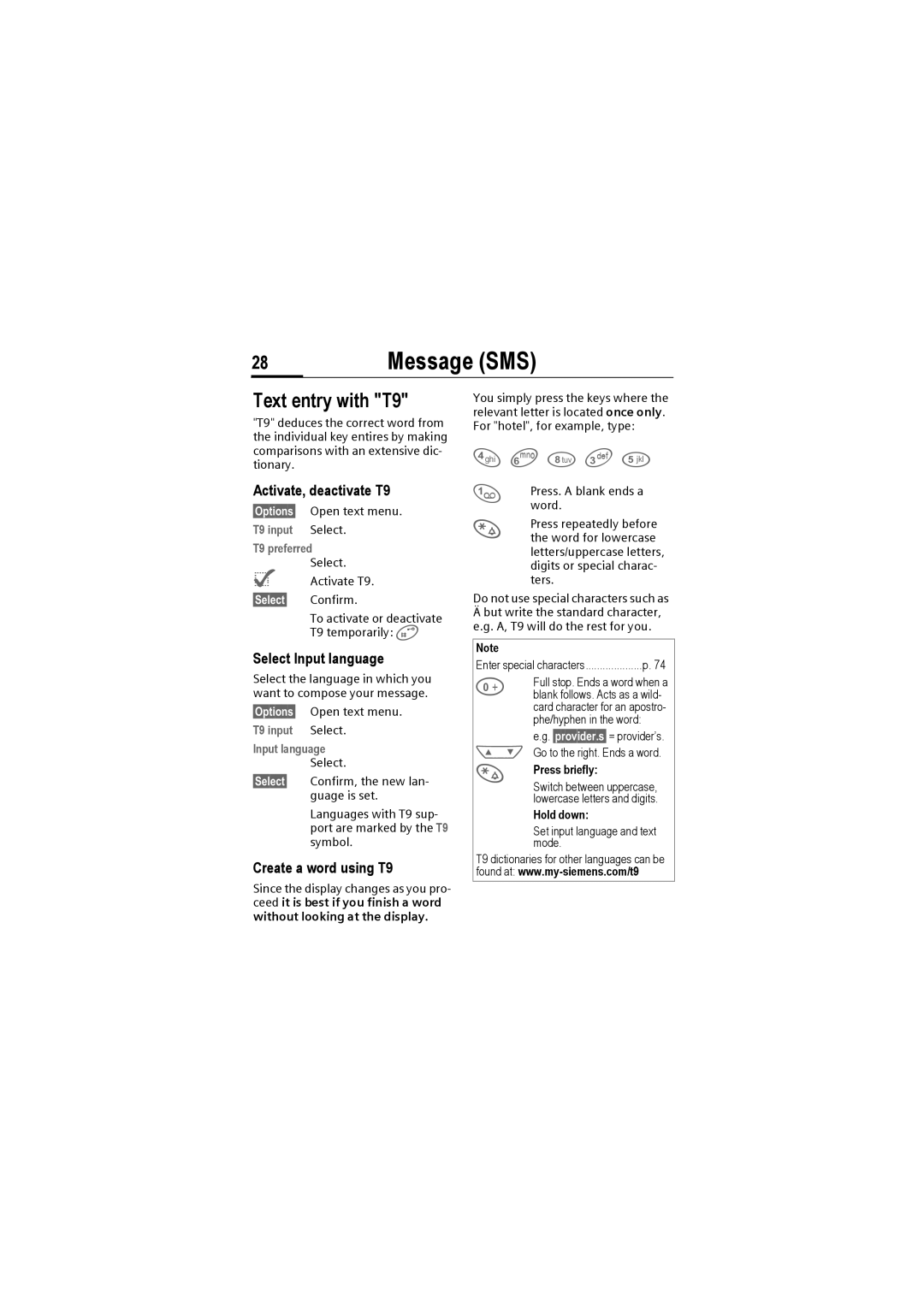 Siemens M50 manual Text entry with T9, Activate, deactivate T9, Select Input language, Create a word using T9 