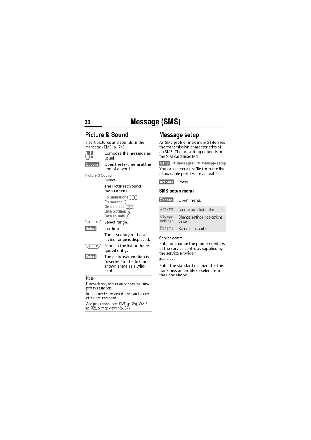 Siemens M50 manual Picture & Sound, Message setup, SMS setup menu 