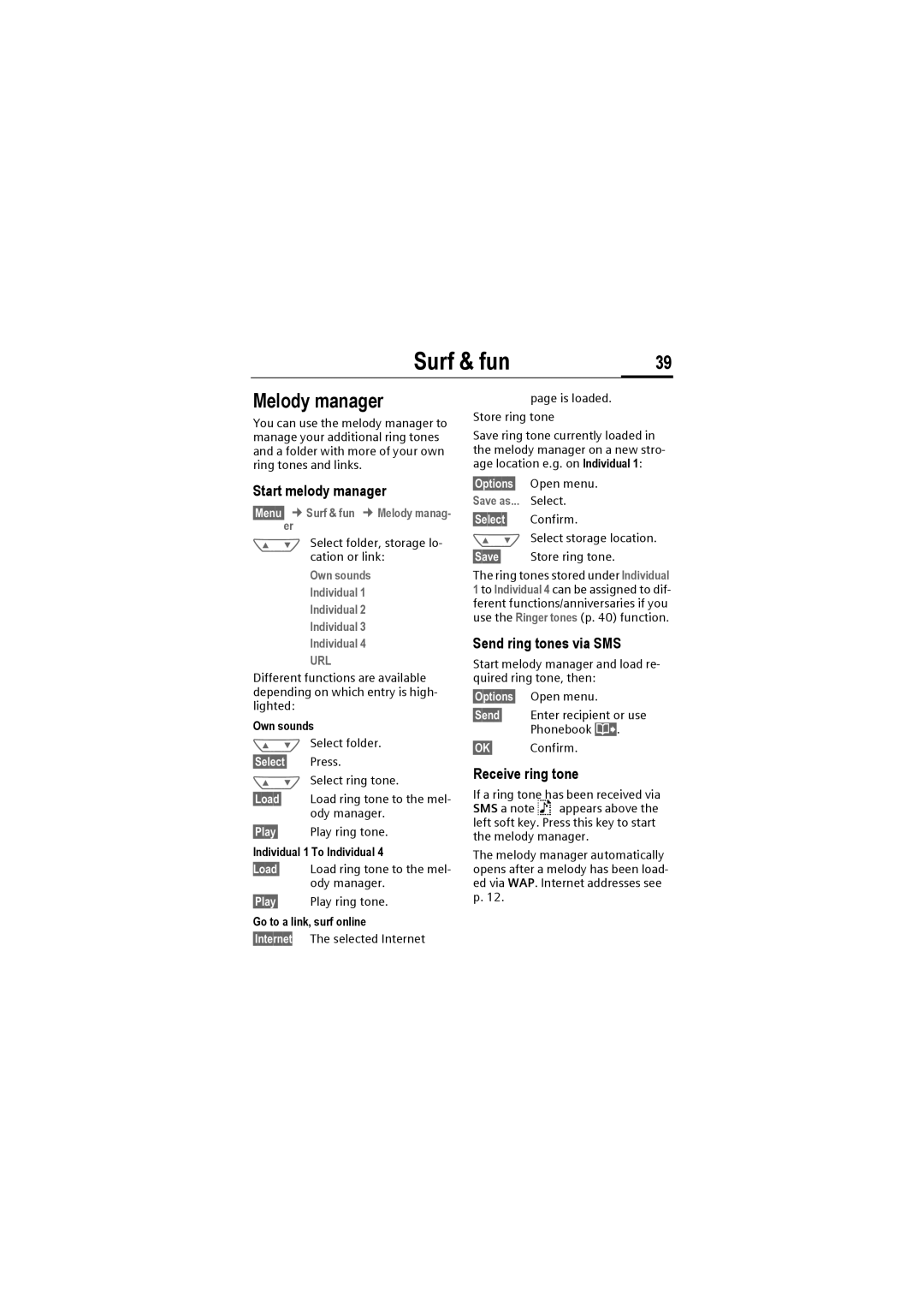 Siemens M50 manual Melody manager, Start melody manager, Send ring tones via SMS, Receive ring tone 