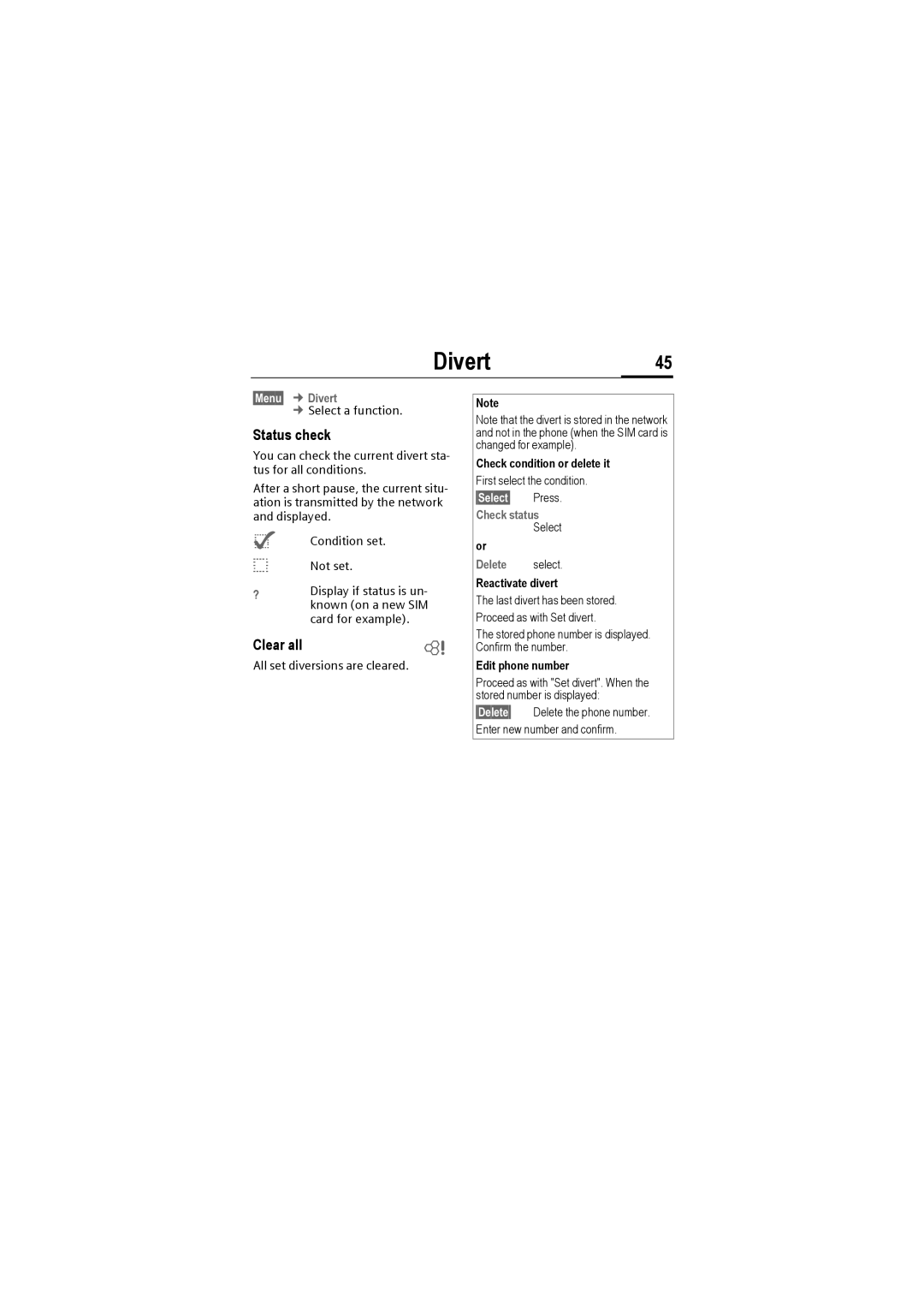 Siemens M50 manual Divert45, Status check, Clear all, §Select§ Press Check status Select Delete select 