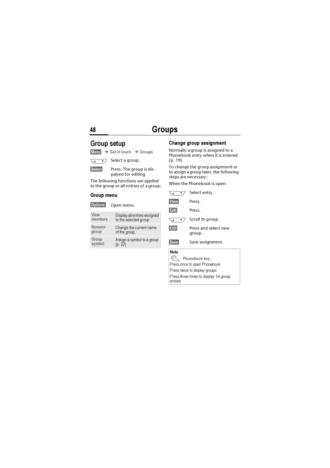 Siemens M50 manual 48Groups, Group setup, §View§ Press §Edit§ Press, Press three times to display 1st group entries 