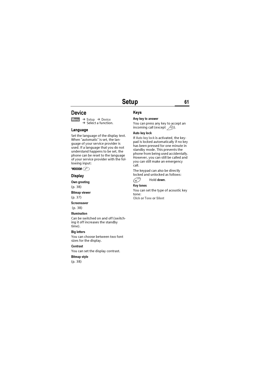 Siemens M50 manual Setup61, Device, Language, Display, Keys 