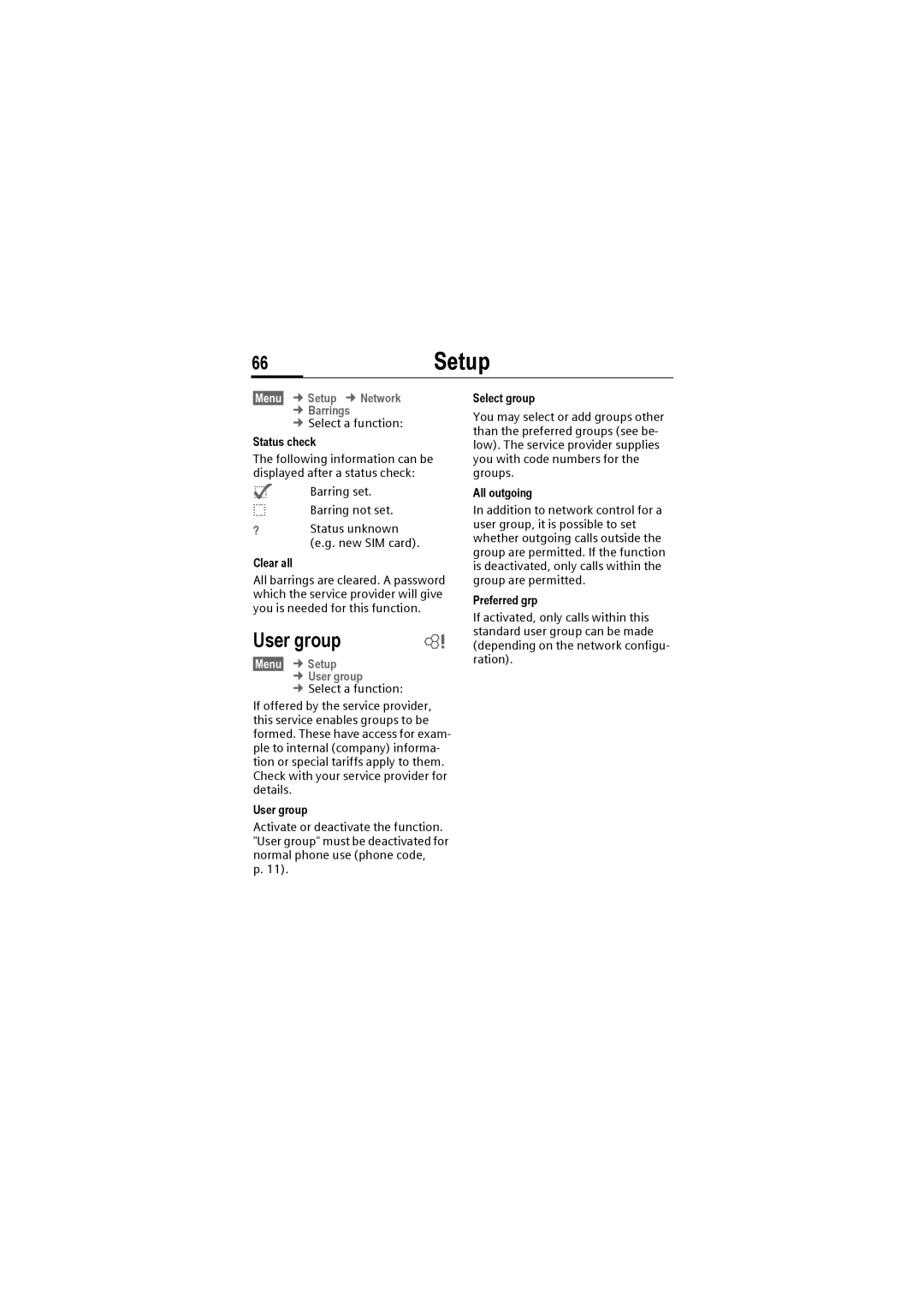 Siemens M50 manual 66Setup, Barring set, §Menu§ ¢ Setup ¢ User group 