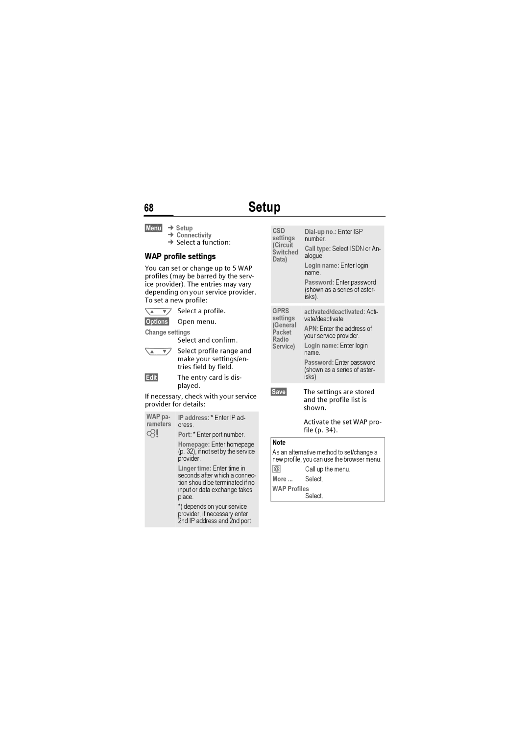 Siemens M50 manual 68Setup, WAP profile settings 