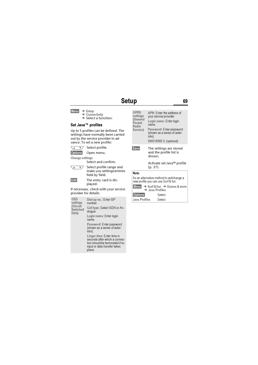 Siemens M50 manual Setup69, Set Java profiles, Settings, Data 