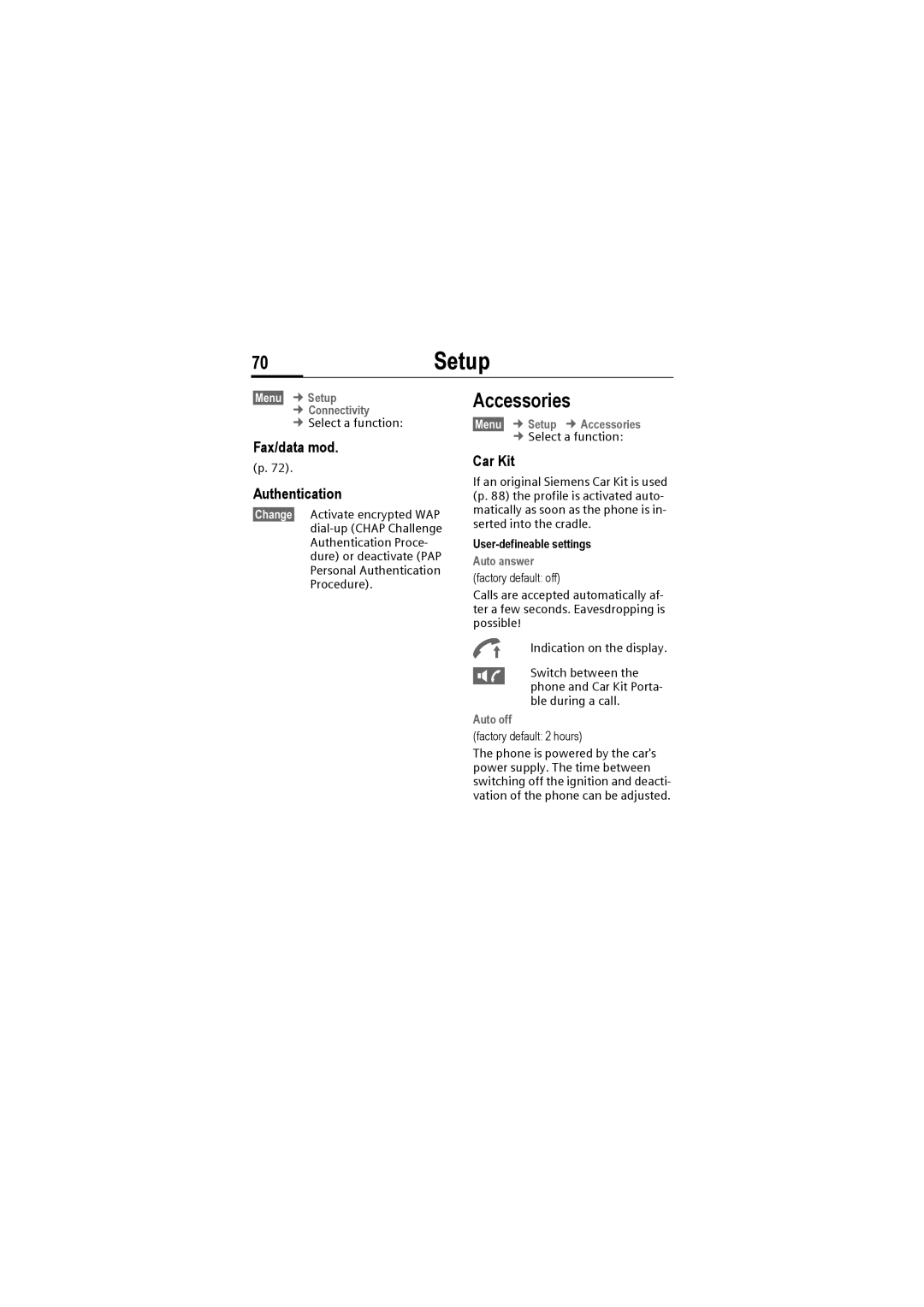 Siemens M50 manual 70Setup, Accessories, Fax/data mod Authentication, Car Kit 