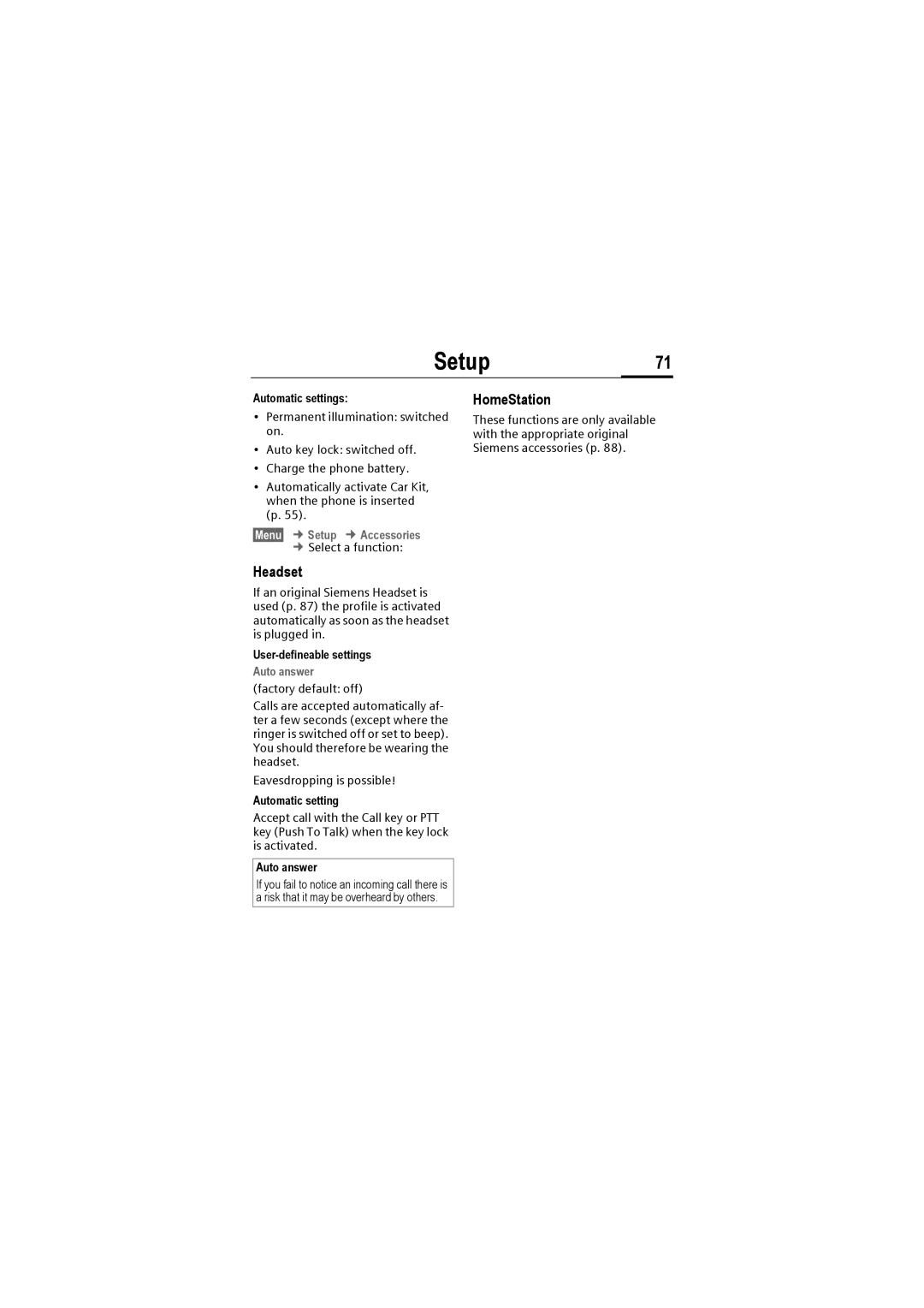 Siemens M50 manual Setup71, Headset, HomeStation 