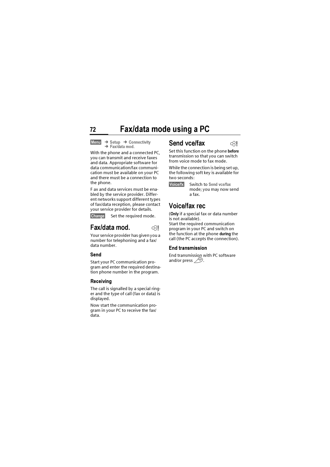 Siemens M50 manual 72 Fax/data mode using a PC, Voice/fax rec, Send, Receiving, End transmission 