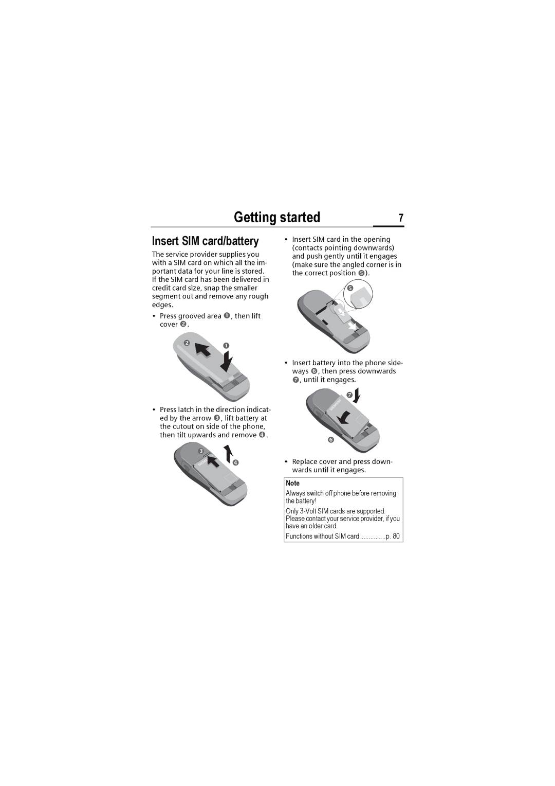 Siemens M50 manual Getting started, Insert SIM card/battery 