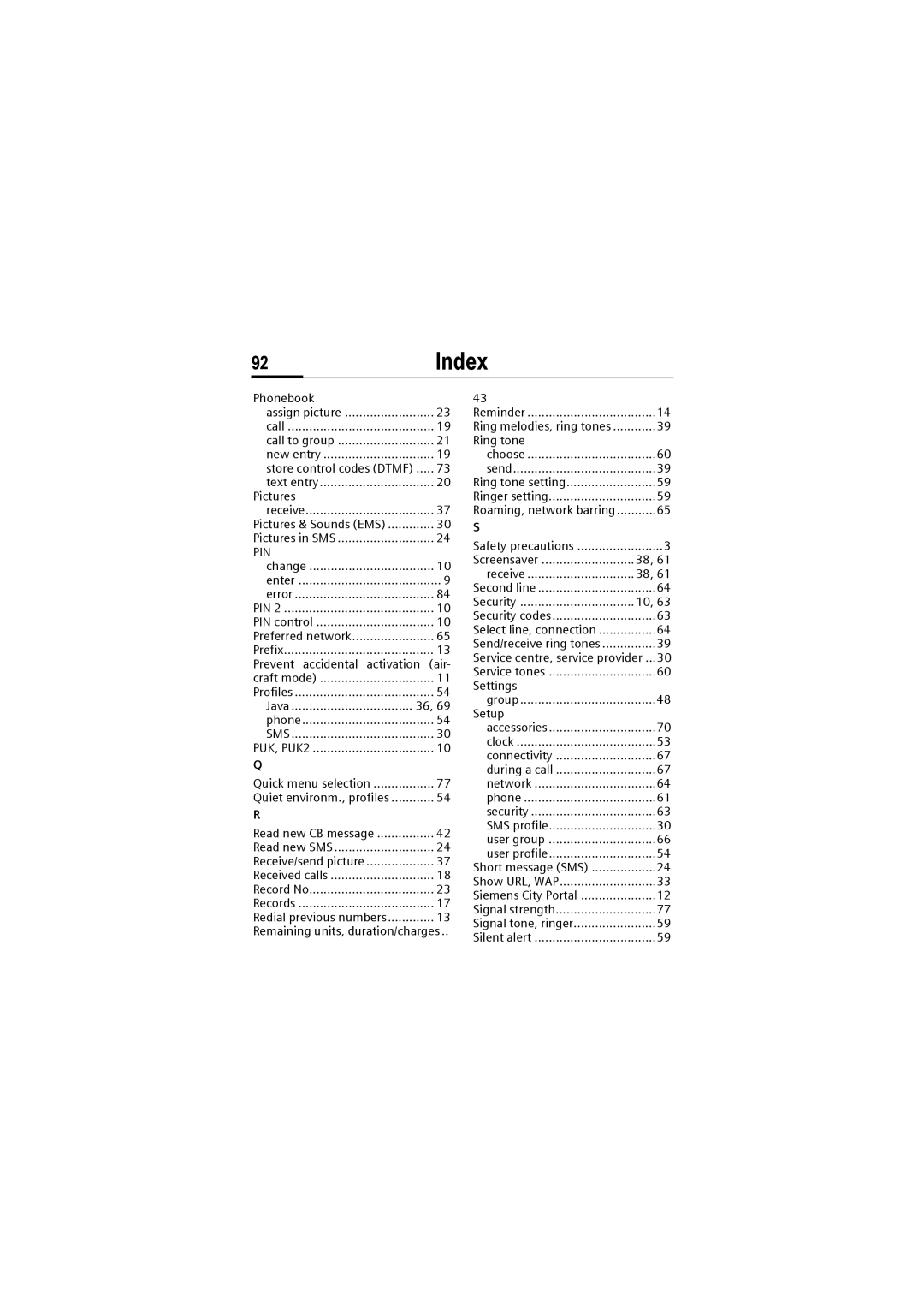 Siemens M50 manual 92Index 