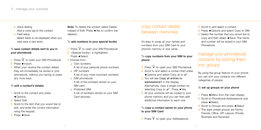 Siemens M55 manual Copy contact details between memories, Manage your phonebook contacts by sorting them into groups 