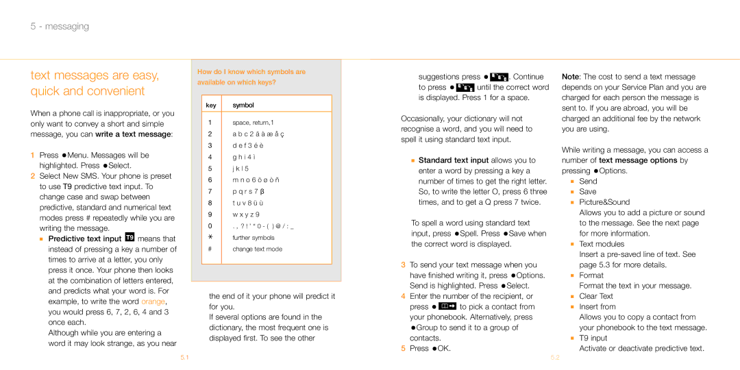 Siemens M55 T9 input Activate or deactivate predictive text, How do I know which symbols are available on which keys? 