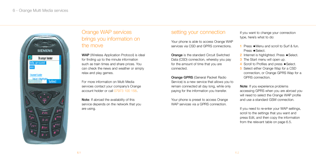 Siemens M55 manual Orange WAP services brings you information on the move, Setting your connection 