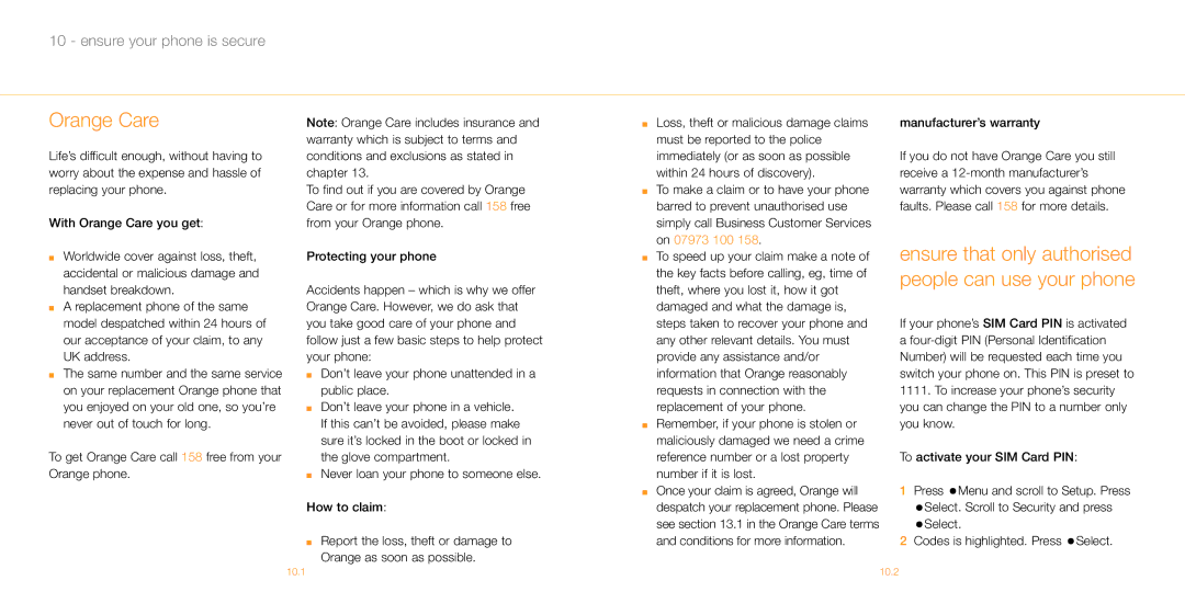 Siemens M55 manual Orange Care, Ensure that only authorised people can use your phone, Manufacturer’s warranty 