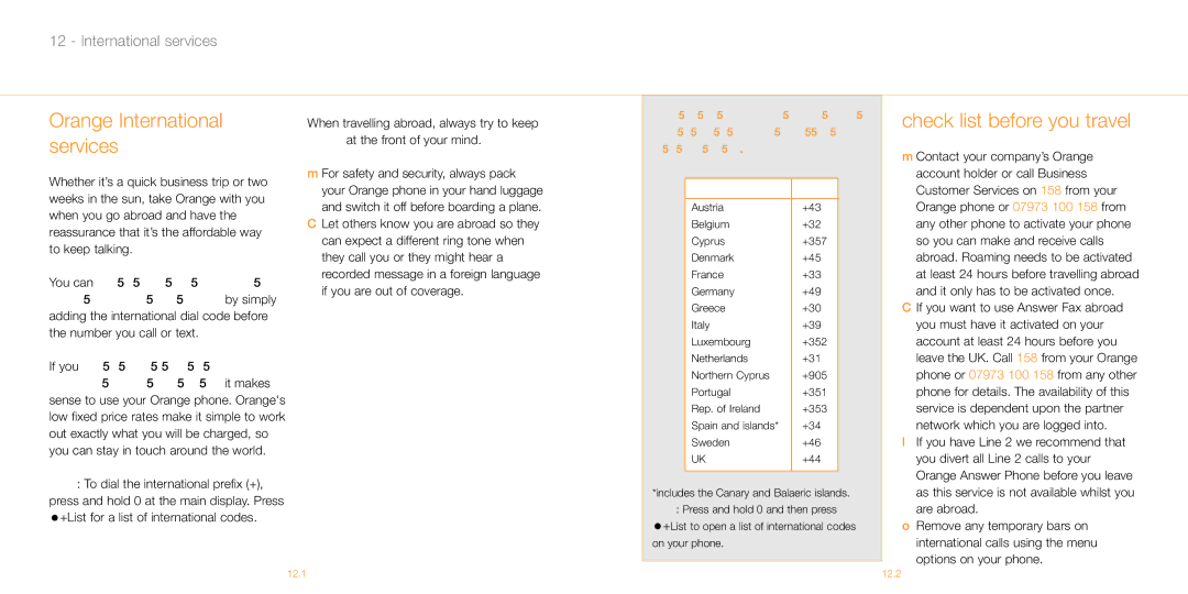 Siemens M55 manual Orange International services, Check list before you travel 