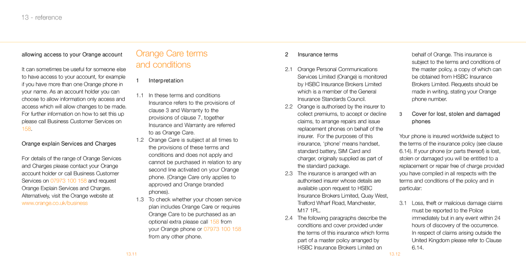 Siemens M55 manual Allowing access to your Orange account, Orange explain Services and Charges, Insurance terms 