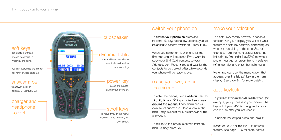 Siemens M55 manual Switch your phone on Make your selection Soft keys, Answer a call, Power key, Scroll keys, Auto keylock 