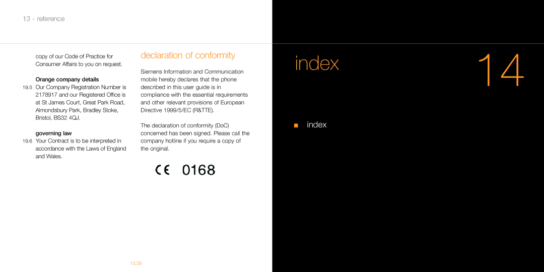 Siemens M55 manual Index14, Declaration of conformity, Orange company details 