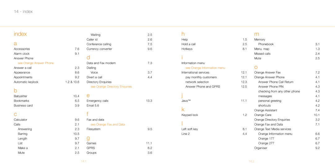 Siemens M55 manual Index, See Orange Answer Phone, See Orange Information menu, See Orange Directory Enquiries 