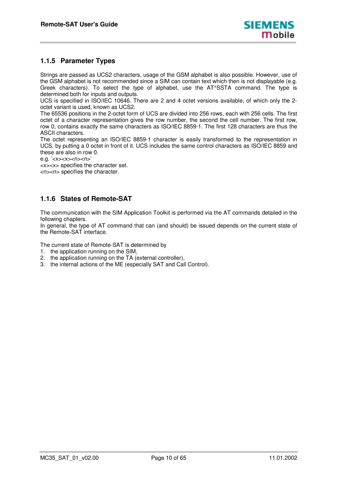 Siemens MC35 manual Parameter Types, States of Remote-SAT 