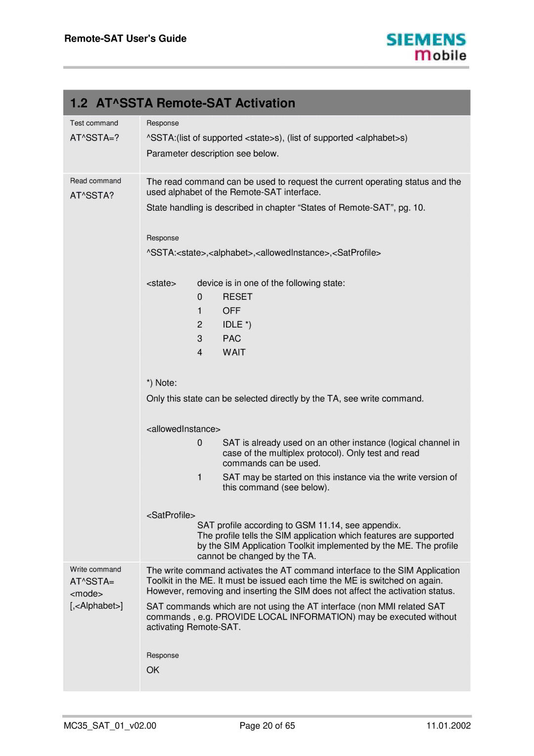 Siemens MC35 manual Atssta Remote-SAT Activation, Atssta=?, Atssta? 