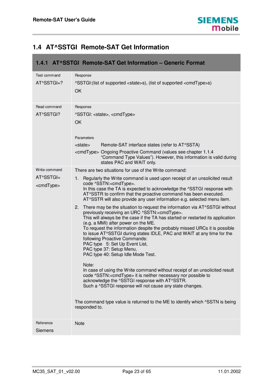 Siemens MC35 manual Atsstgi Remote-SAT Get Information Generic Format, Atsstgi=?, Atsstgi? 