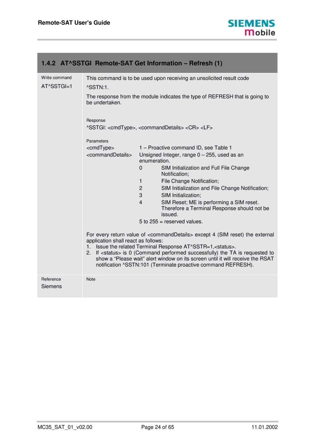 Siemens MC35 manual Atsstgi Remote-SAT Get Information Refresh, ATSSTGI=1 