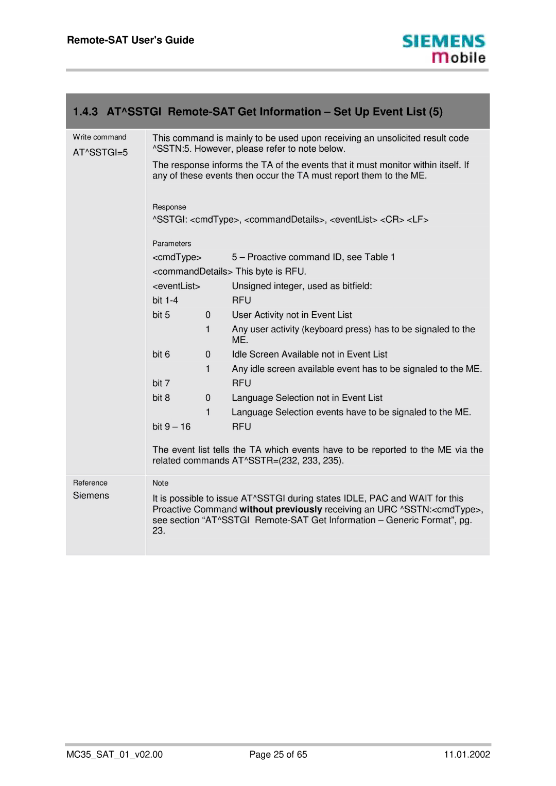 Siemens MC35 manual Atsstgi Remote-SAT Get Information Set Up Event List, ATSSTGI=5, Rfu 