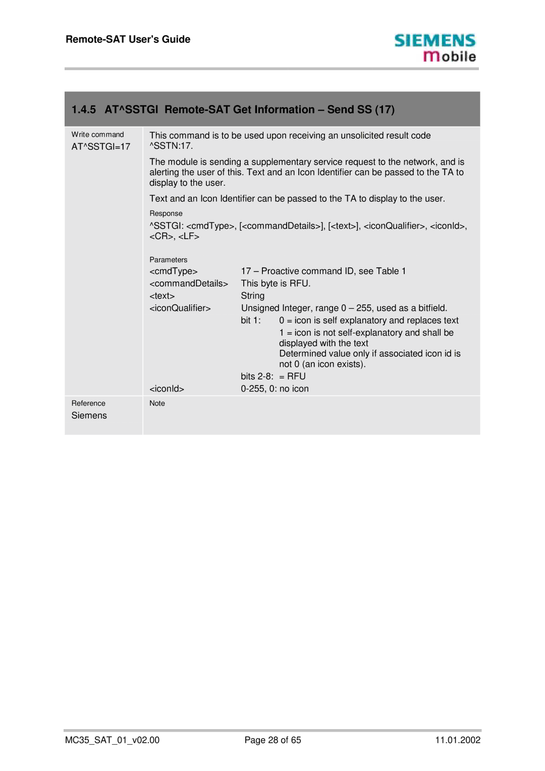 Siemens MC35 manual Atsstgi Remote-SAT Get Information Send SS, ATSSTGI=17 