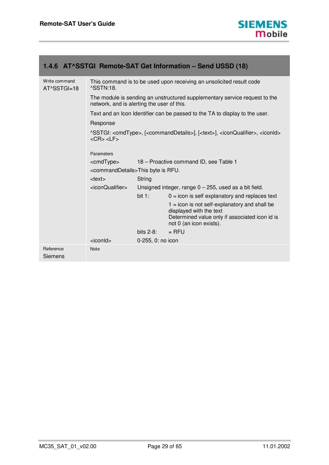 Siemens MC35 manual Atsstgi Remote-SAT Get Information Send Ussd, ATSSTGI=18, = Rfu 