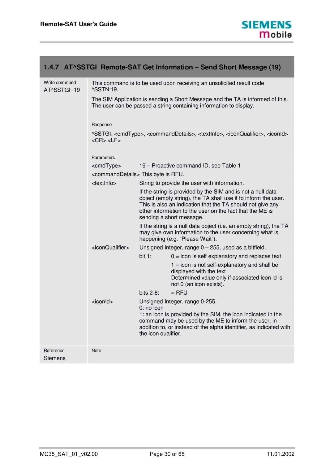 Siemens MC35 manual Atsstgi Remote-SAT Get Information Send Short Message, ATSSTGI=19 