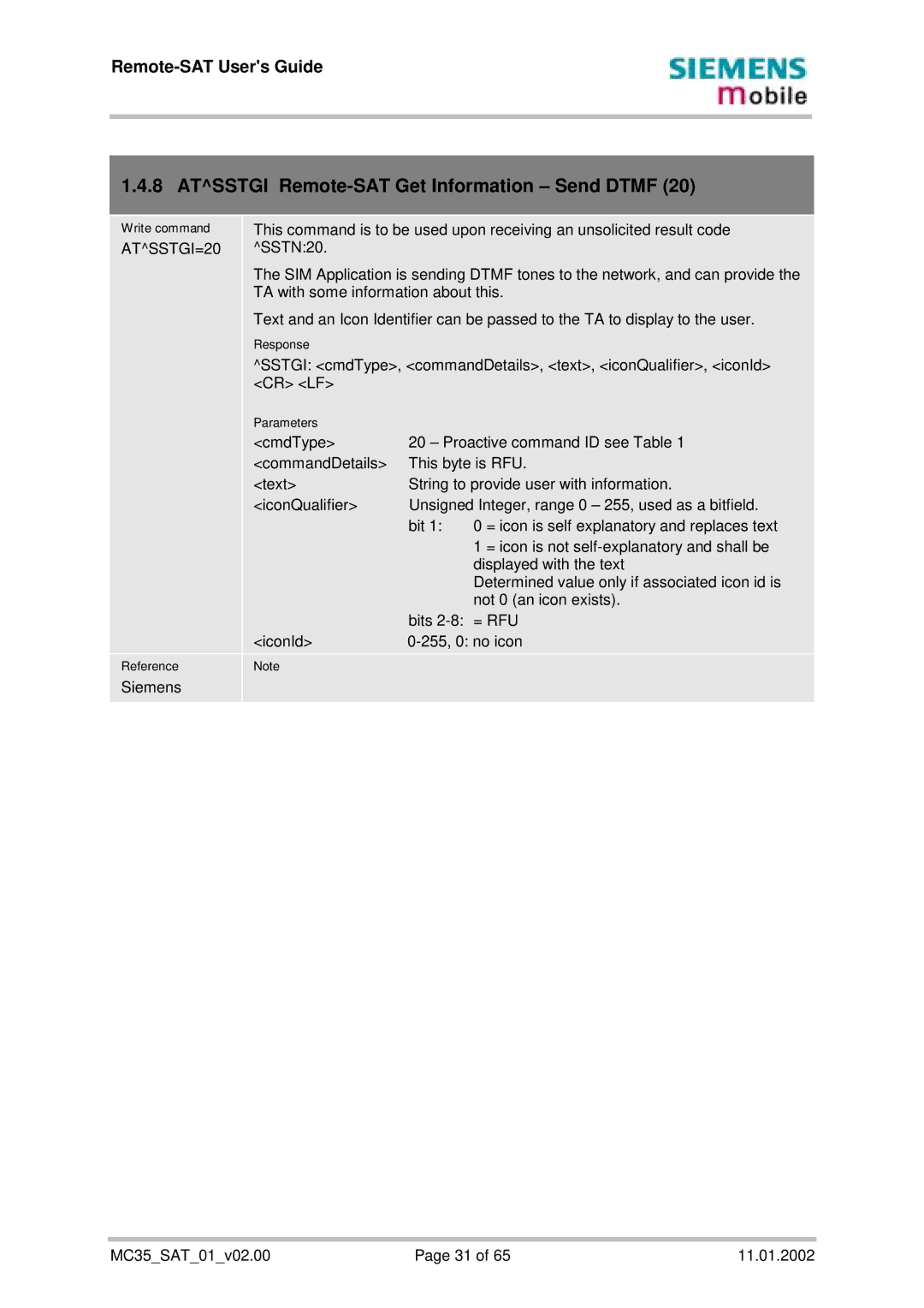 Siemens MC35 manual Atsstgi Remote-SAT Get Information Send Dtmf, ATSSTGI=20 