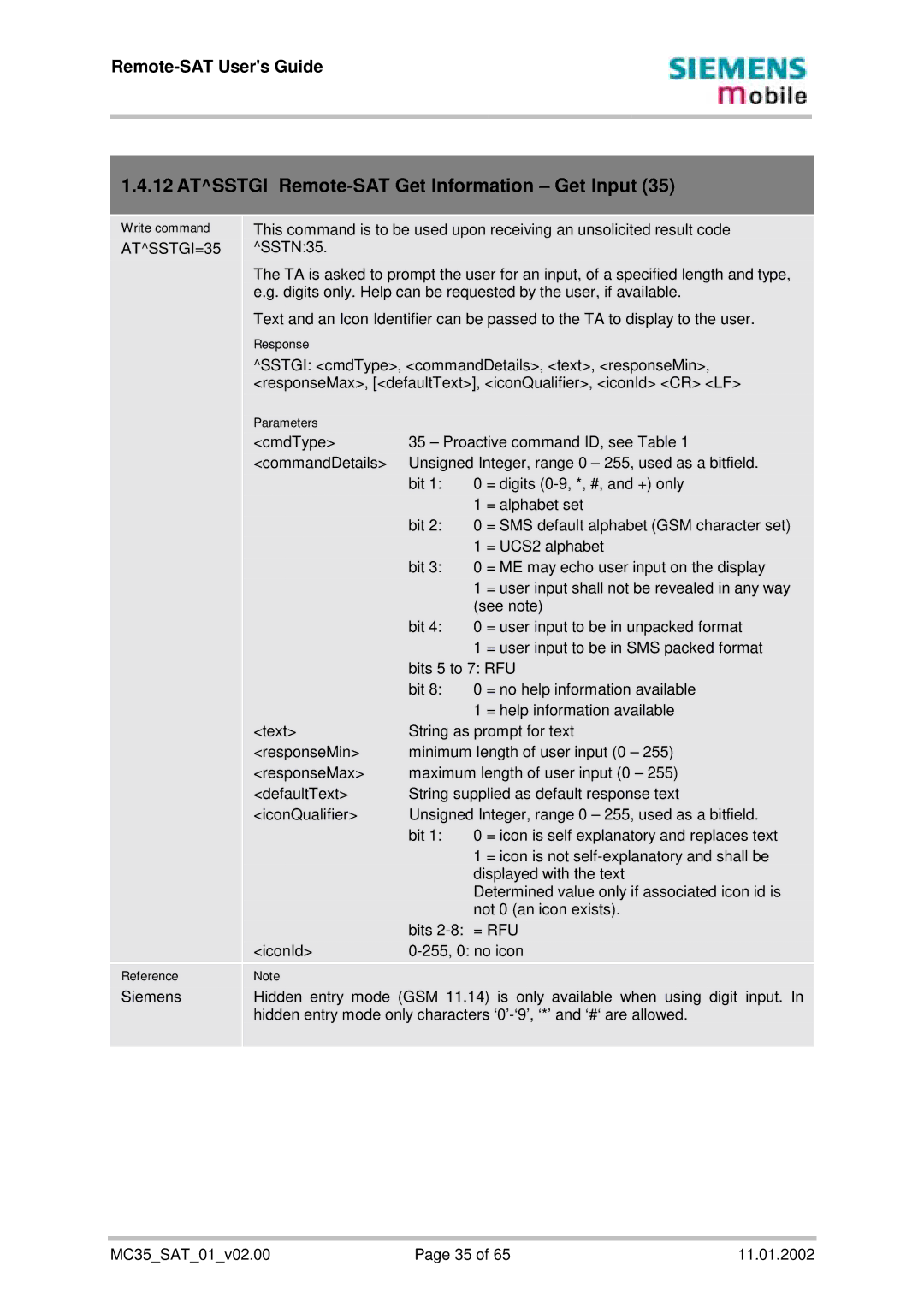 Siemens MC35 manual Atsstgi Remote-SAT Get Information Get Input, ATSSTGI=35 