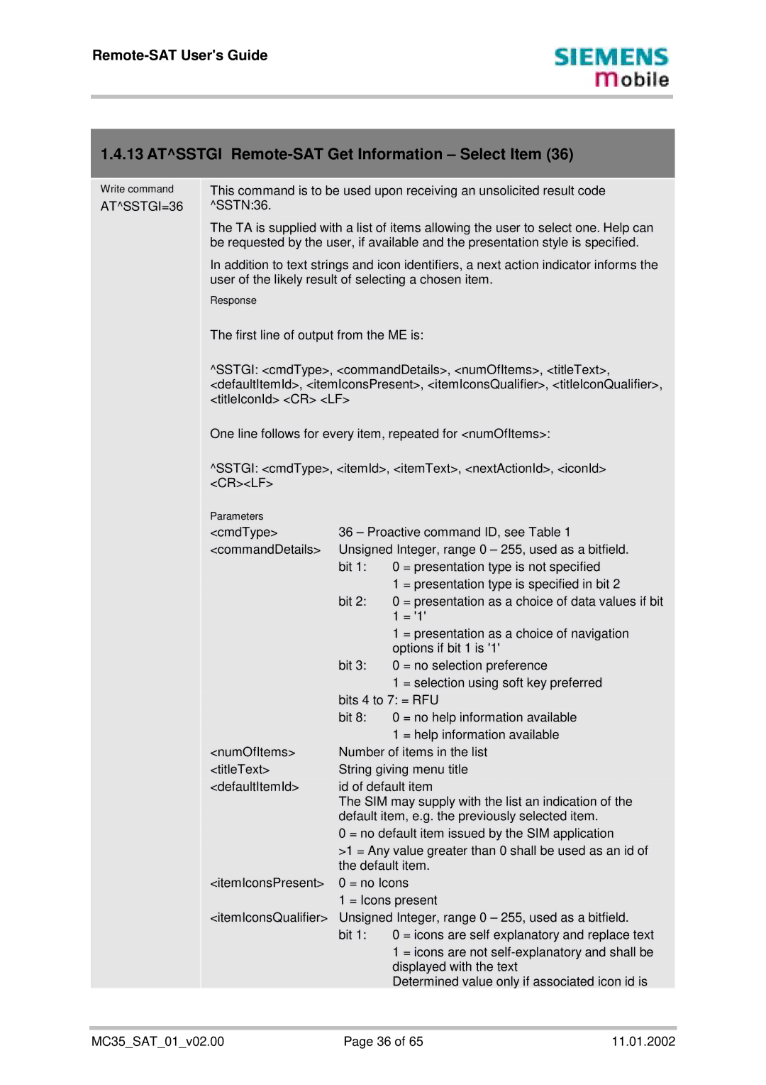 Siemens MC35 manual Atsstgi Remote-SAT Get Information Select Item, ATSSTGI=36 