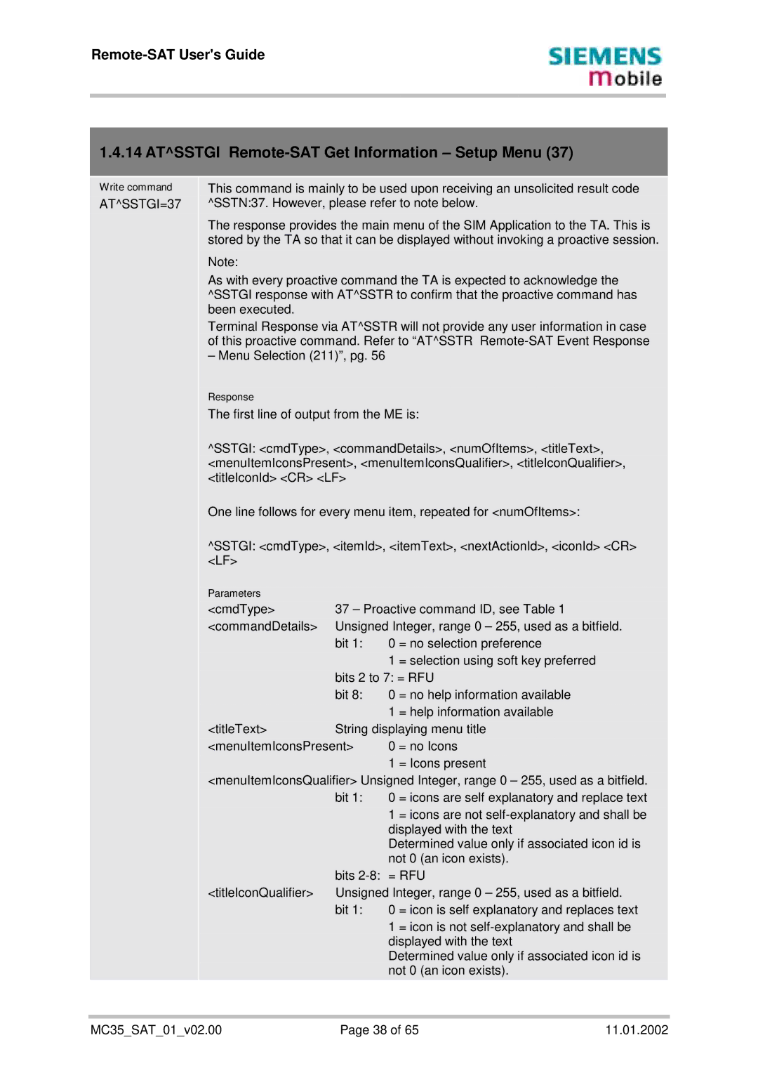 Siemens MC35 manual Atsstgi Remote-SAT Get Information Setup Menu, ATSSTGI=37 