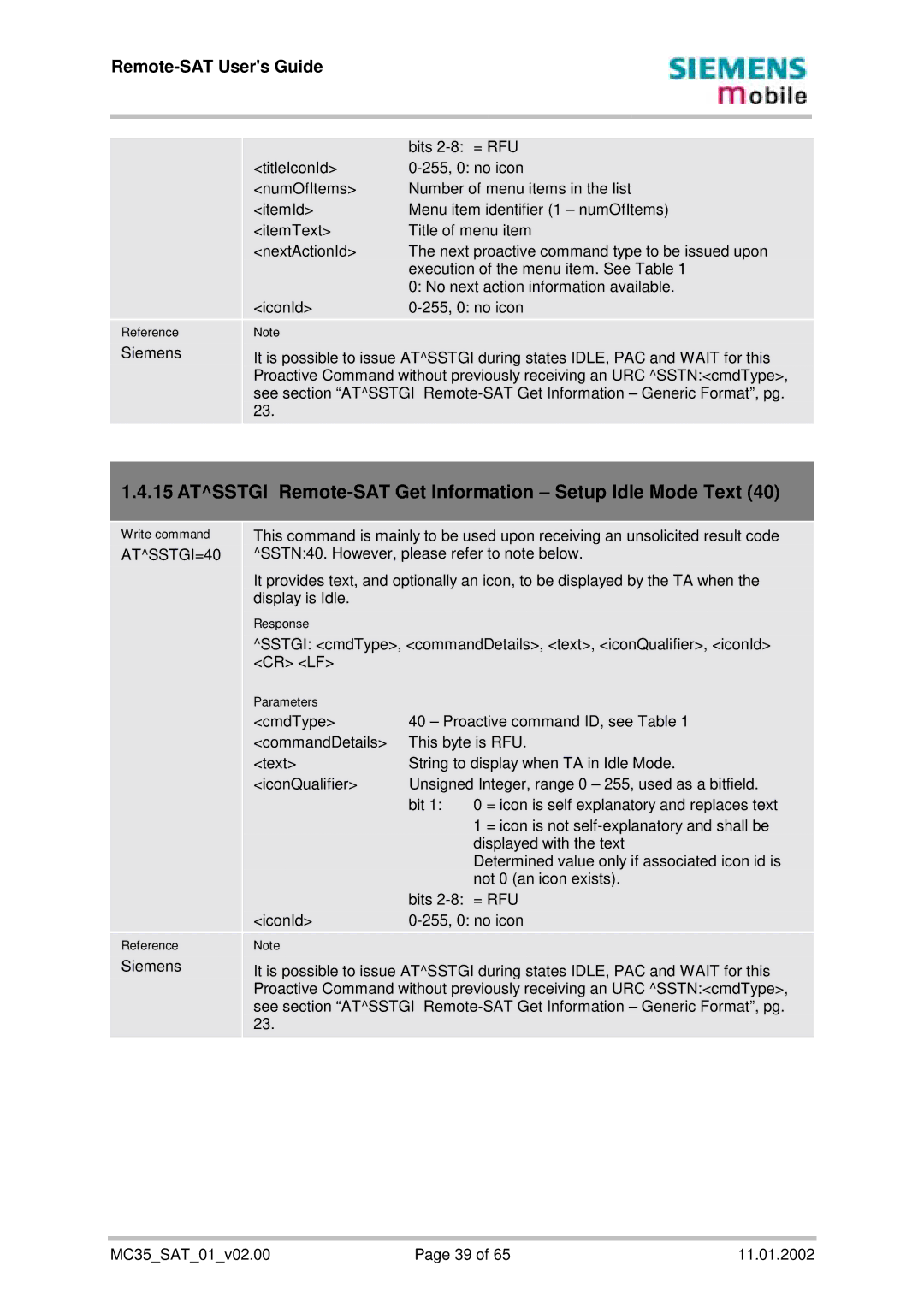 Siemens MC35 manual Atsstgi Remote-SAT Get Information Setup Idle Mode Text, ATSSTGI=40 