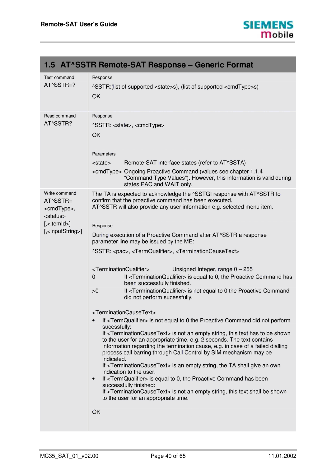 Siemens MC35 manual Atsstr Remote-SAT Response Generic Format, Atsstr=?, Atsstr? 