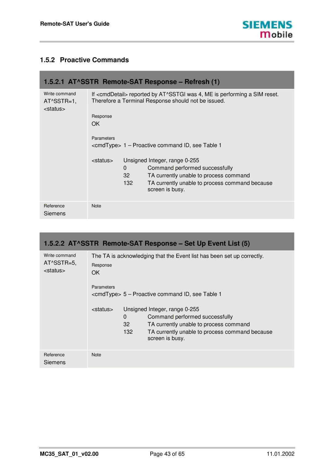 Siemens MC35 Proactive Commands Atsstr Remote-SAT Response Refresh, Atsstr Remote-SAT Response Set Up Event List, ATSSTR=1 