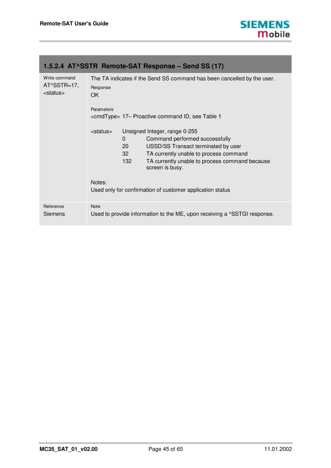 Siemens MC35 manual Atsstr Remote-SAT Response Send SS, ATSSTR=17 