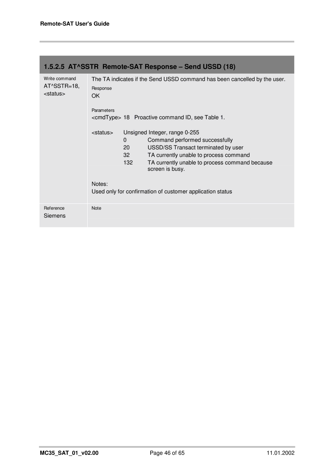 Siemens MC35 manual Atsstr Remote-SAT Response Send Ussd, ATSSTR=18 