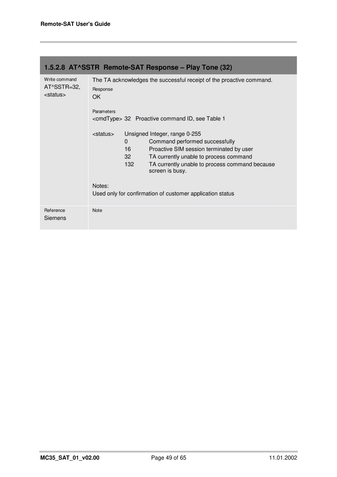 Siemens MC35 manual Atsstr Remote-SAT Response Play Tone, ATSSTR=32 