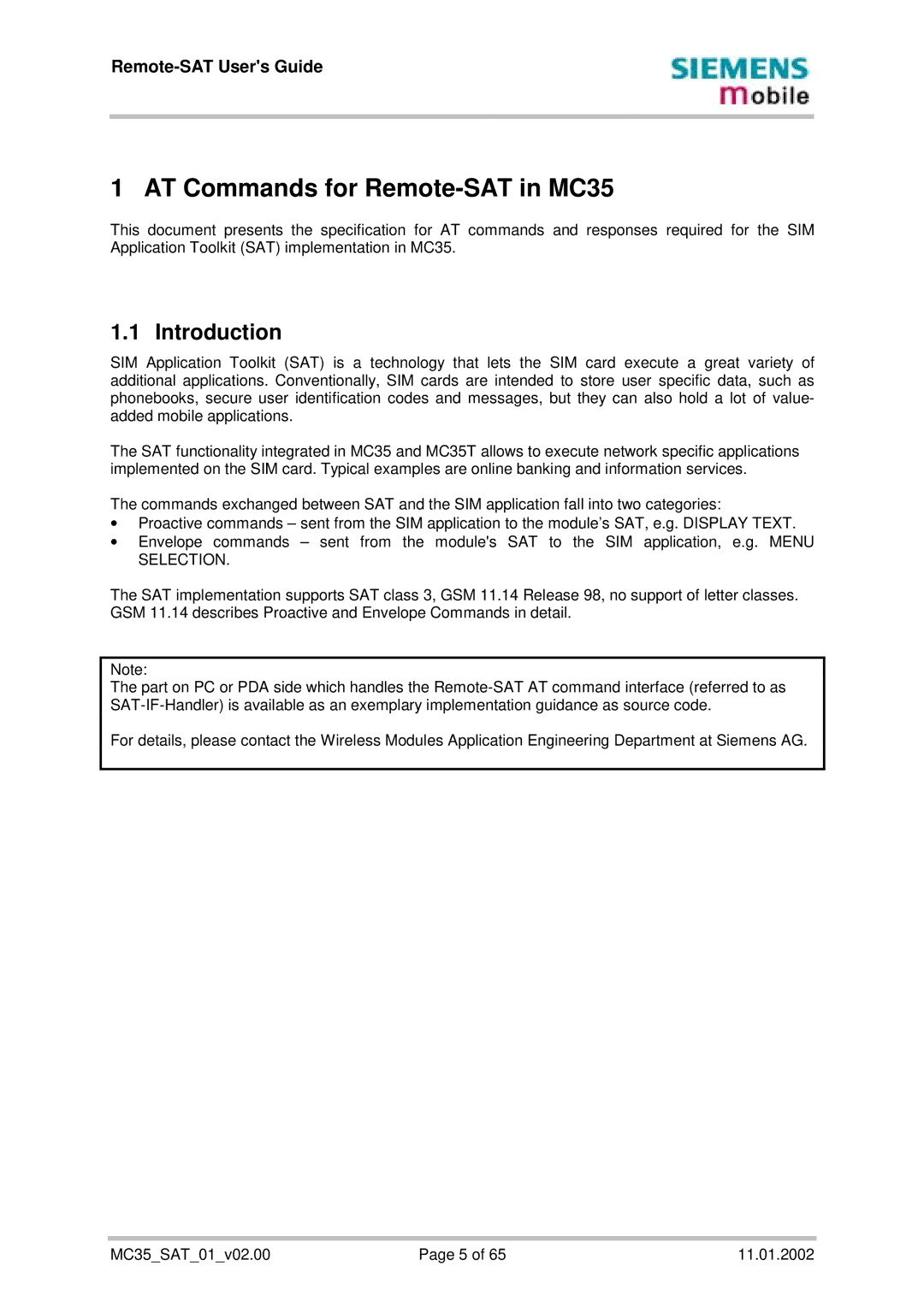 Siemens manual AT Commands for Remote-SAT in MC35, Introduction 