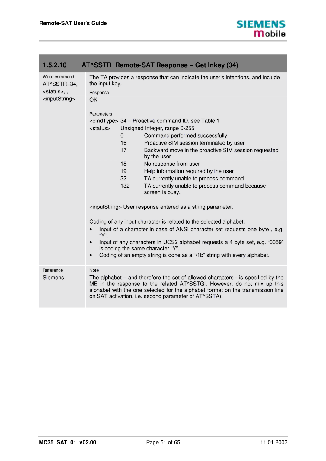 Siemens MC35 manual Atsstr Remote-SAT Response Get Inkey 