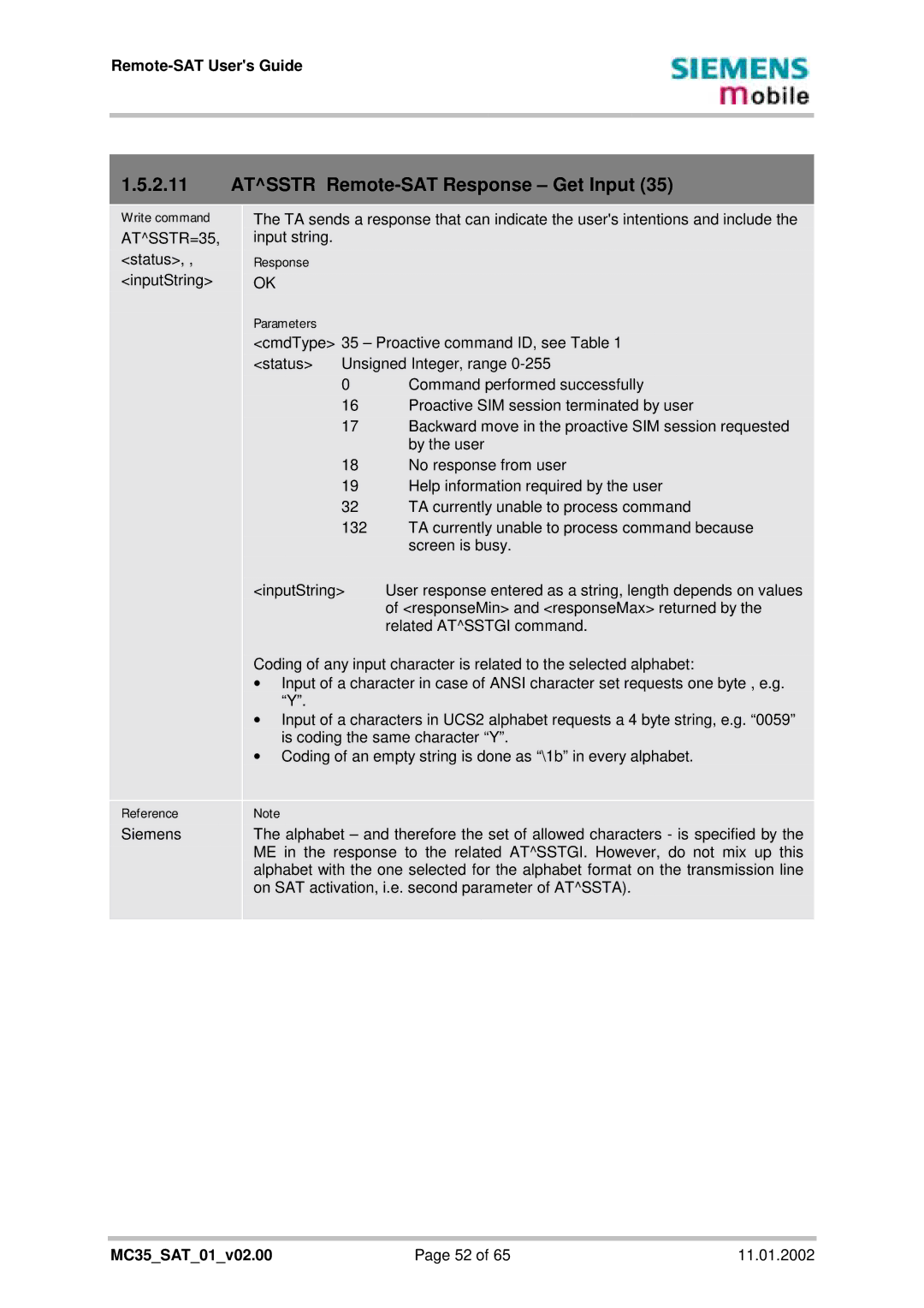 Siemens MC35 manual Atsstr Remote-SAT Response Get Input 