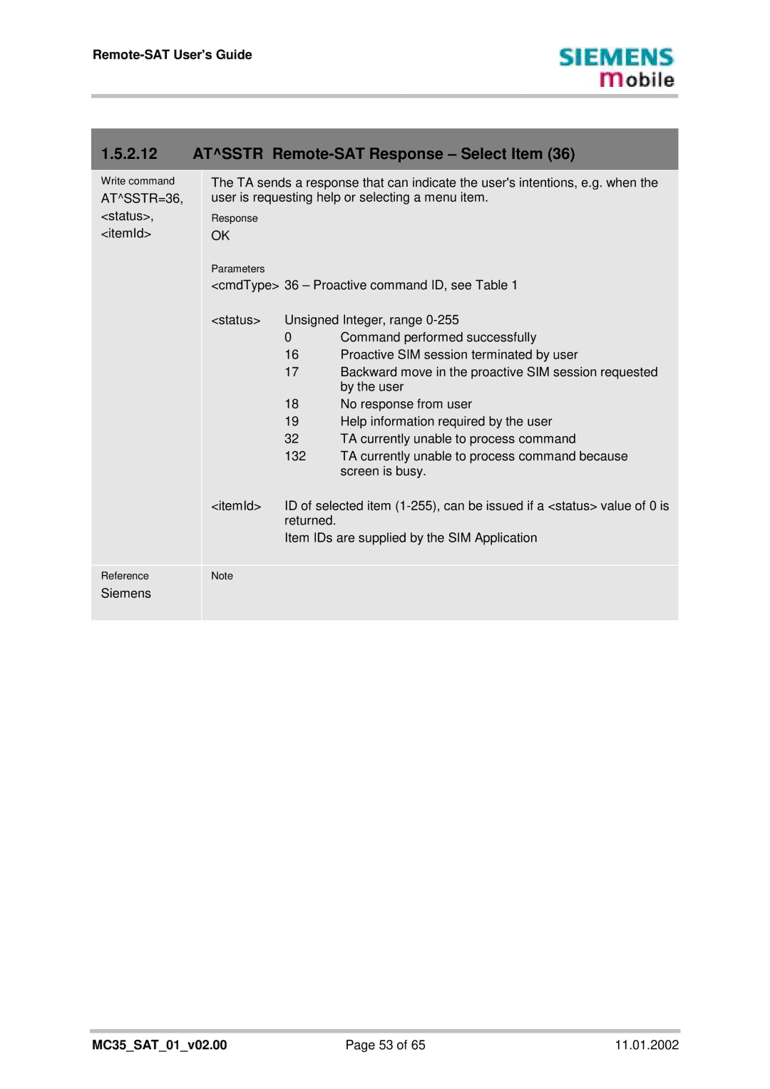 Siemens MC35 manual Atsstr Remote-SAT Response Select Item, ATSSTR=36 