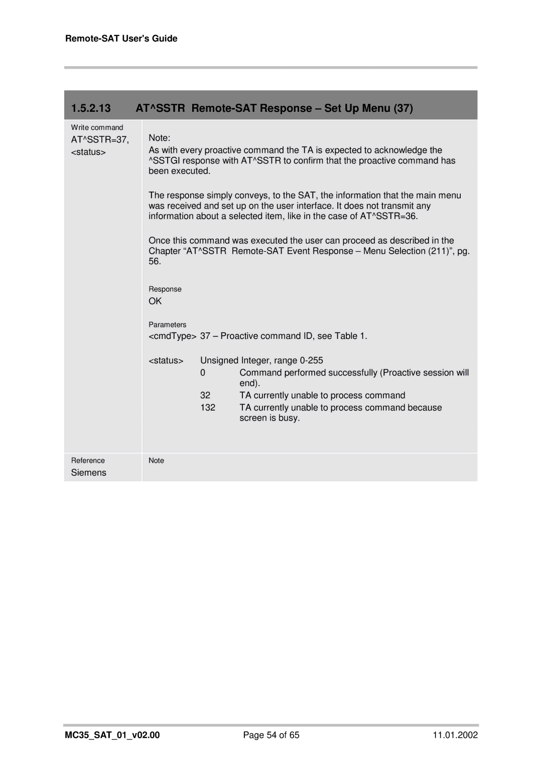 Siemens MC35 manual Atsstr Remote-SAT Response Set Up Menu, ATSSTR=37 