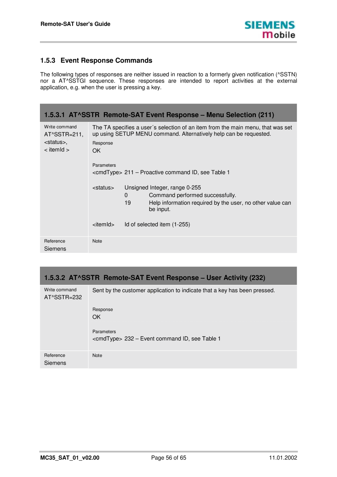 Siemens MC35 manual Event Response Commands, Atsstr Remote-SAT Event Response Menu Selection, ATSSTR=232 