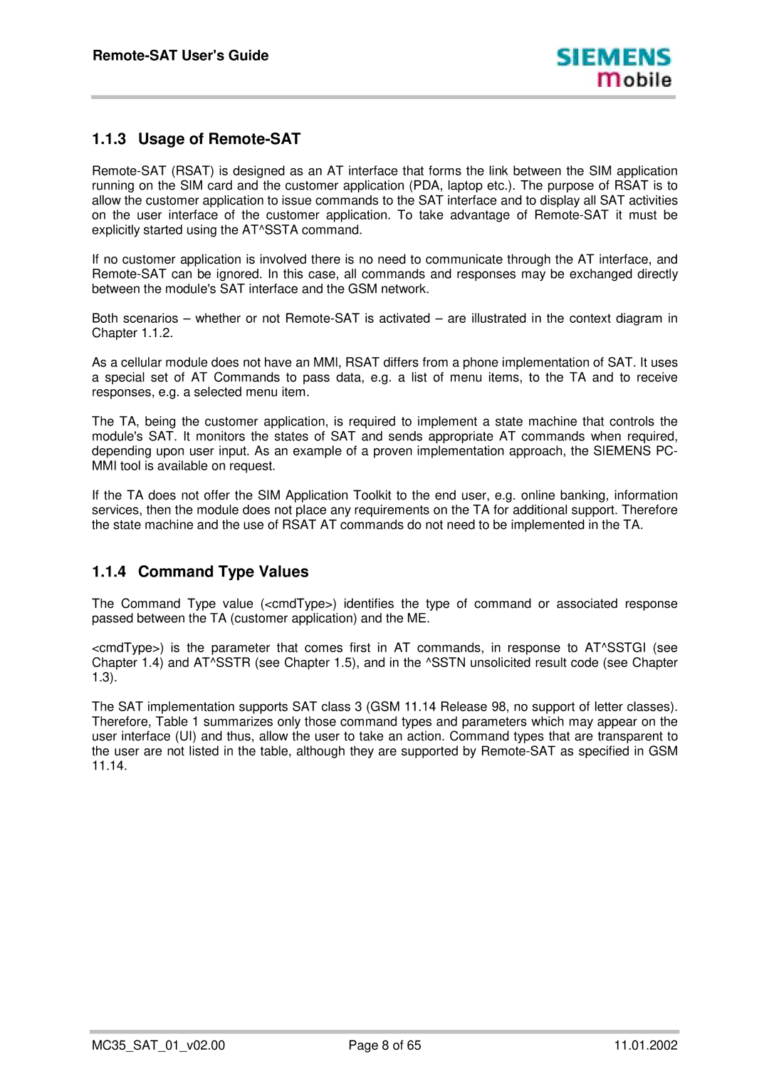 Siemens MC35 manual Usage of Remote-SAT, Command Type Values 