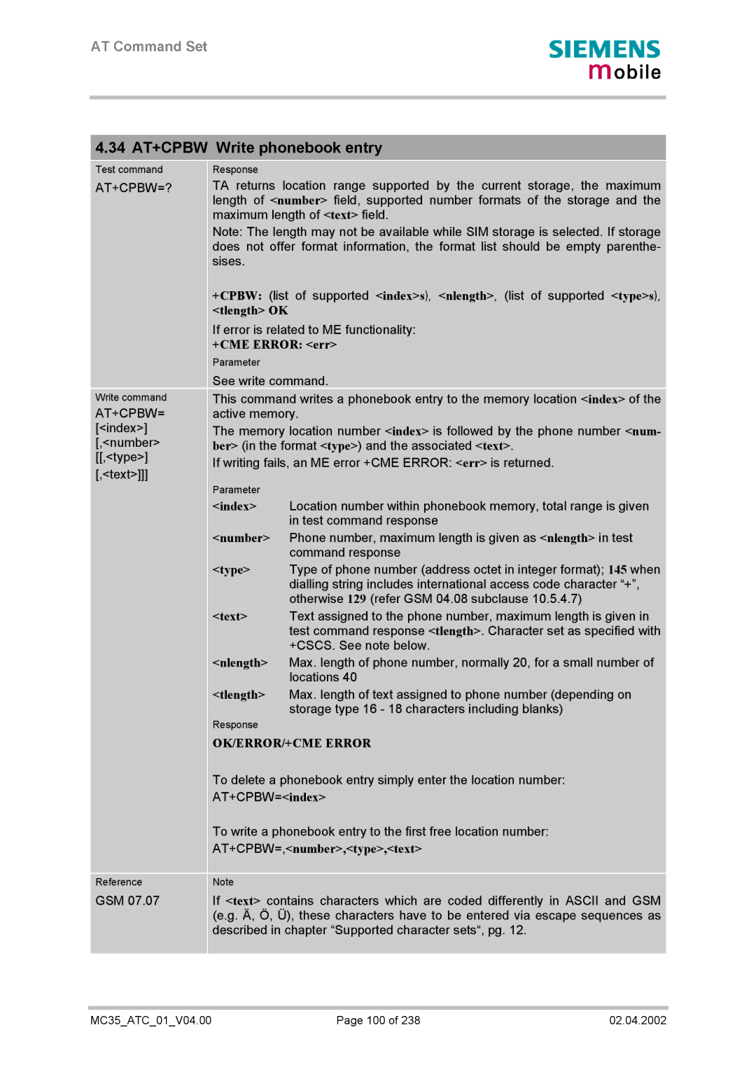 Siemens MC35 manual 34 AT+CPBW Write phonebook entry, At+Cpbw=?, Tlength OK, AT+CPBW=,number,type,text 